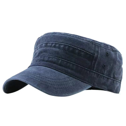 Men's Adjustable Peaked Military Style Flat Cap in Denim Blue