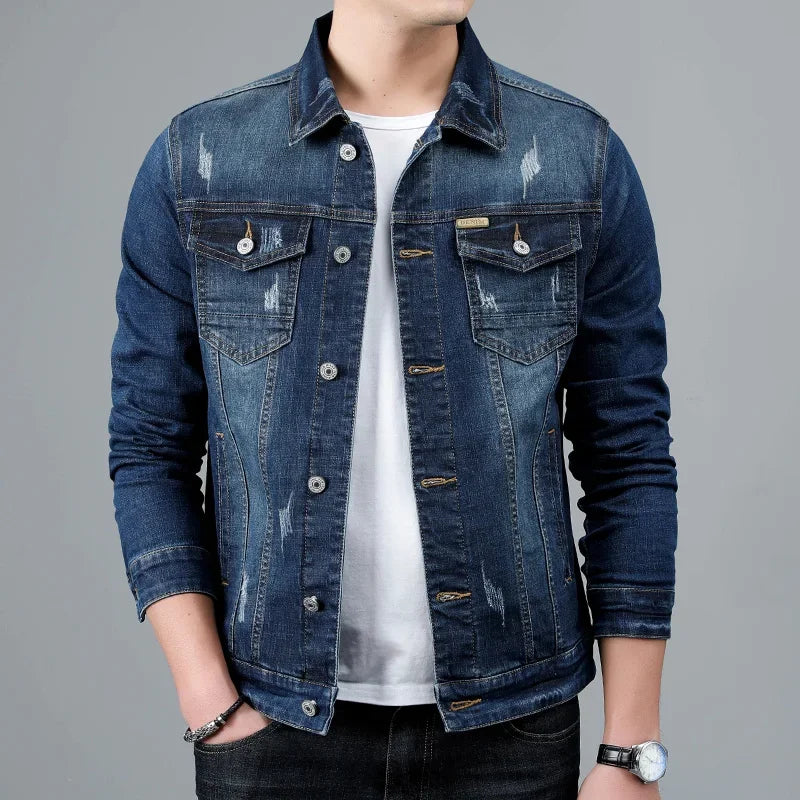 Men's Grey Denim Jacket in Dark Blue
