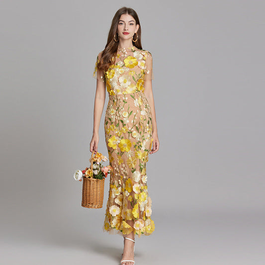 Women's Embroidered Sheer Panel Maxi Dress in Yellow