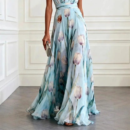 Women's Sky Blue V Neck Floral Wedding Guest Dress