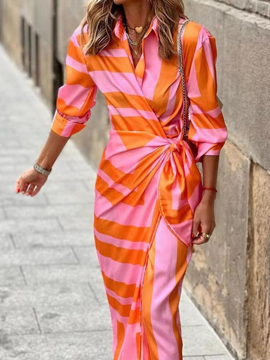 Women's Striped Tie Waist Wrap Shirt Dress in Orange pink
