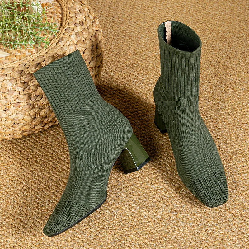 Women's Knitted Sock Block Heel Ankle Boots view 4