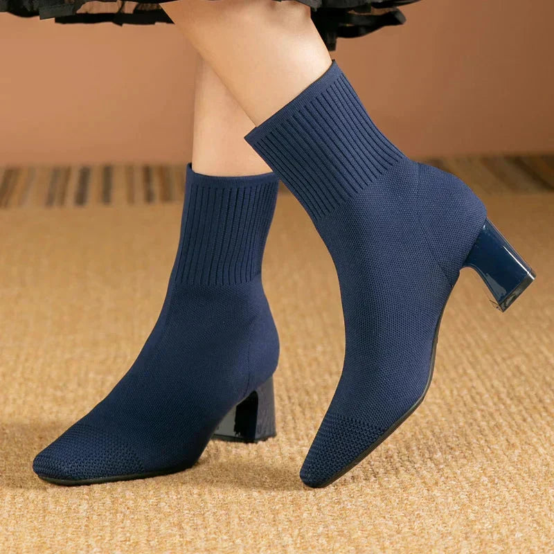 Women's Knitted Sock Block Heel Ankle Boots