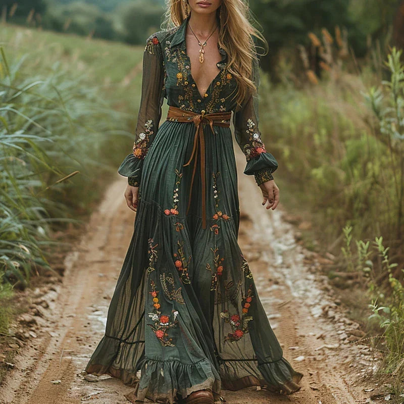Women's Puff Sleeve Boho Maxi Dress