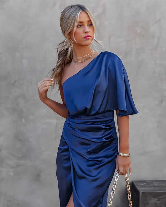 Women's One Shoulder Ruched Side Split Maxi Dress in Blue