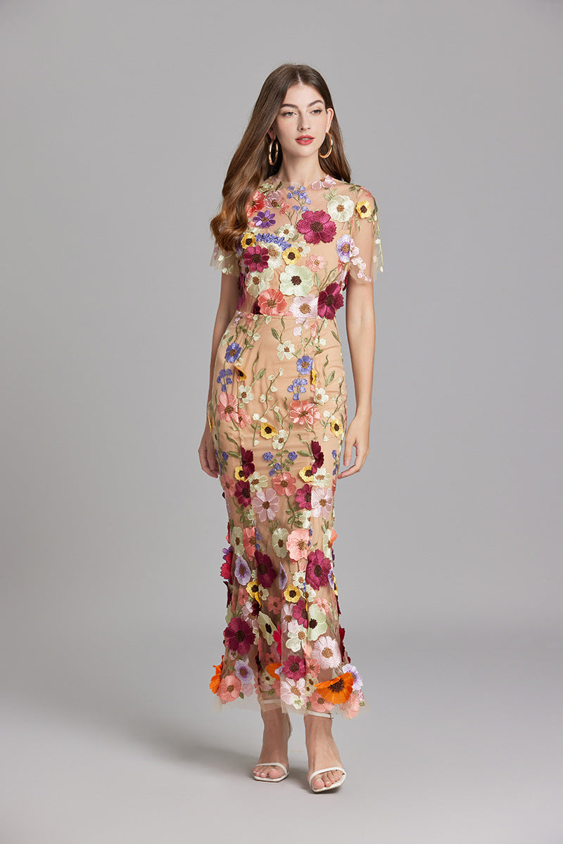 Women's Embroidered Sheer Panel Maxi Dress