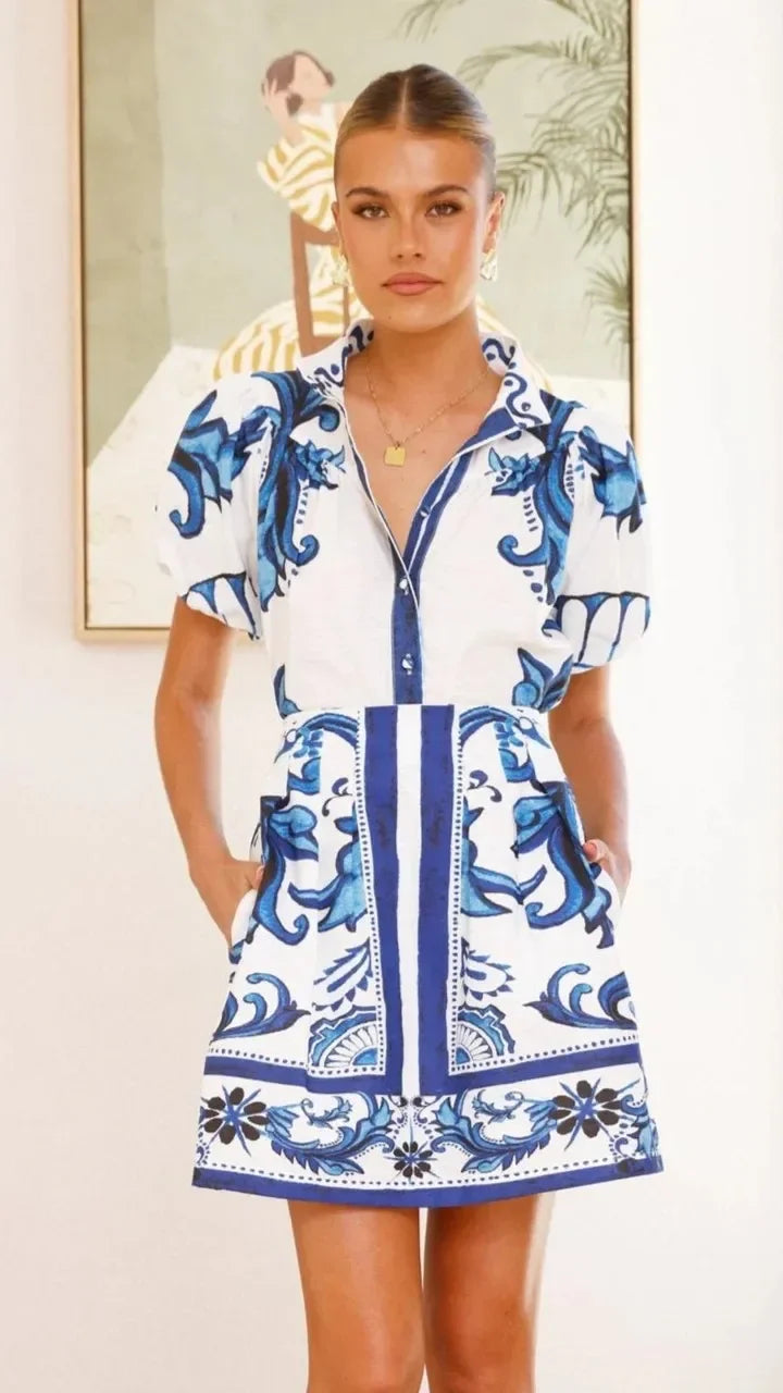 Women's Floral Puff Sleeve Mini Dress in Blue