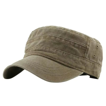 Men's Adjustable Peaked Military Style Flat Cap in Khaki