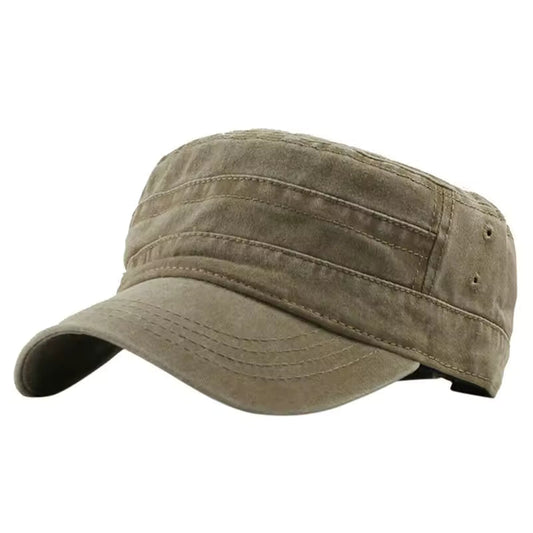 Men's Adjustable Peaked Military Style Flat Cap in Khaki