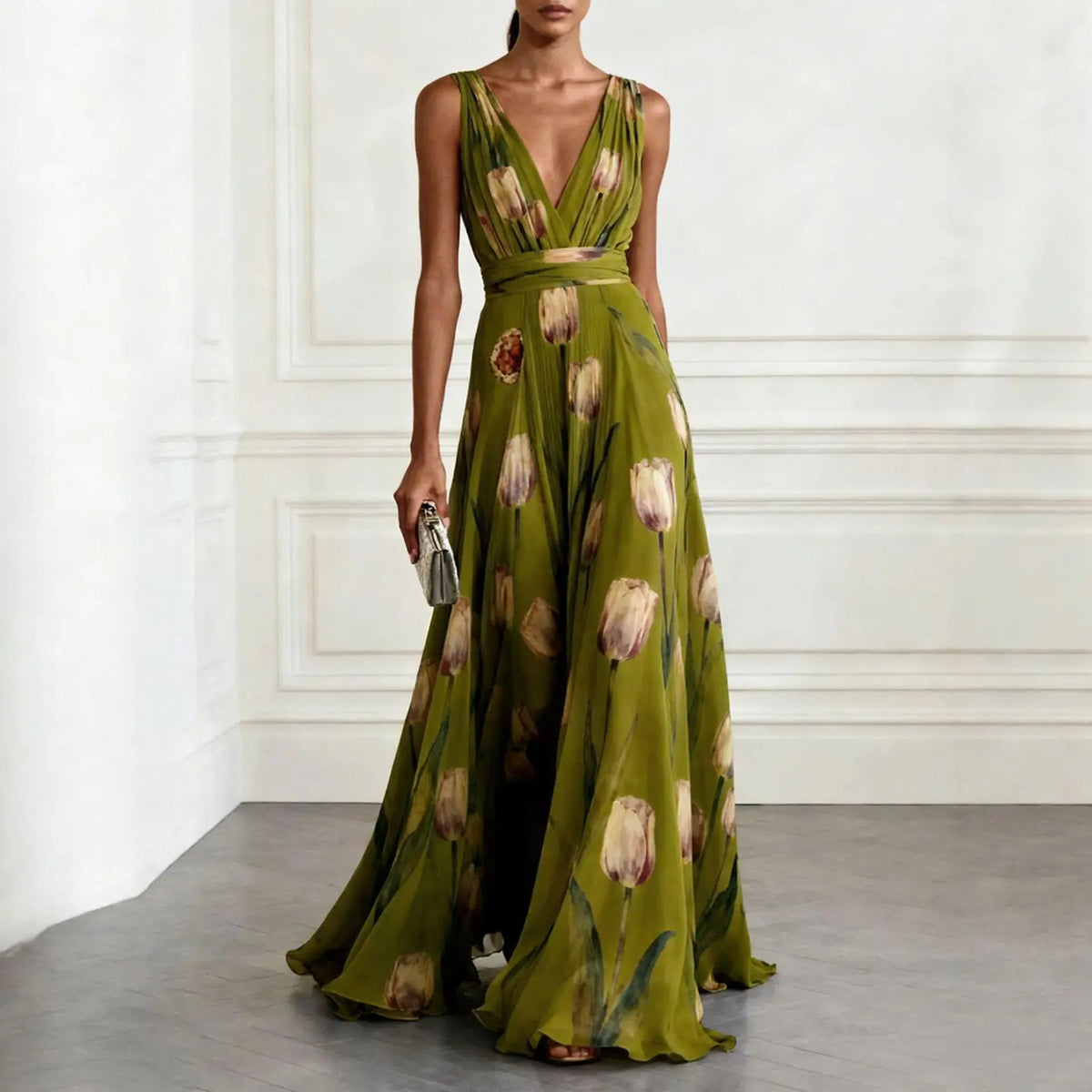 Women's Sky Blue V Neck Floral Wedding Guest Dress in Green