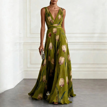 Women's Sky Blue V Neck Floral Wedding Guest Dress in Green