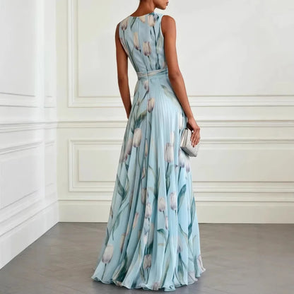 Women's Sky Blue V Neck Floral Wedding Guest Dress