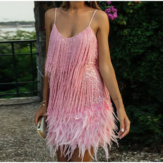 Women's Gold Sequin Feather Trim Mini Dress in Pink