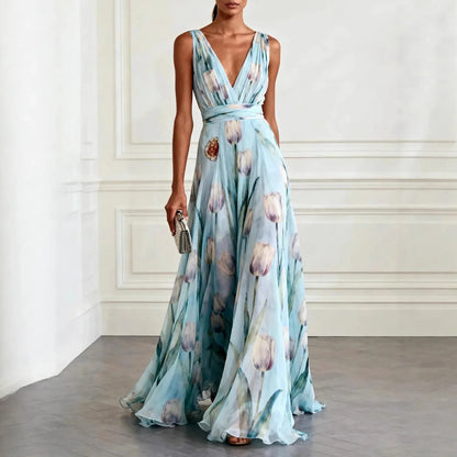 Women's Sky Blue V Neck Floral Wedding Guest Dress in Sky Blue