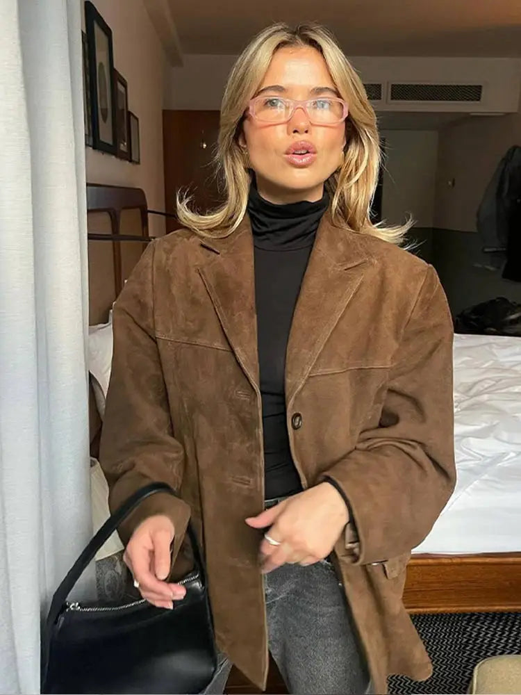 Women's Oversized Notch Lapel Winter Coat in Brown