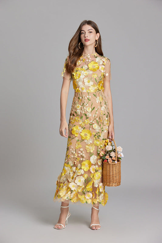 Women's Embroidered Sheer Panel Maxi Dress