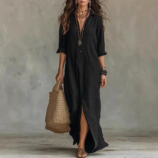 Women's V Neck Three Quarter Sleeve Belted Side Split Shirt Dress in Black