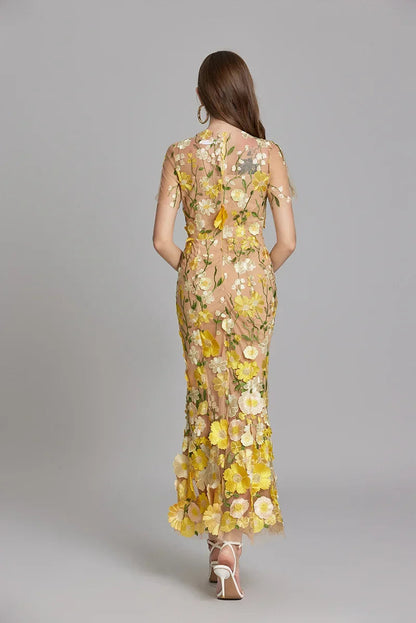 Women's Embroidered Sheer Panel Maxi Dress