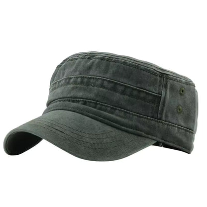 Men's Adjustable Peaked Military Style Flat Cap in Army Green