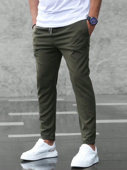 Men's Slim Fit Drawstring Trousers in Army Green