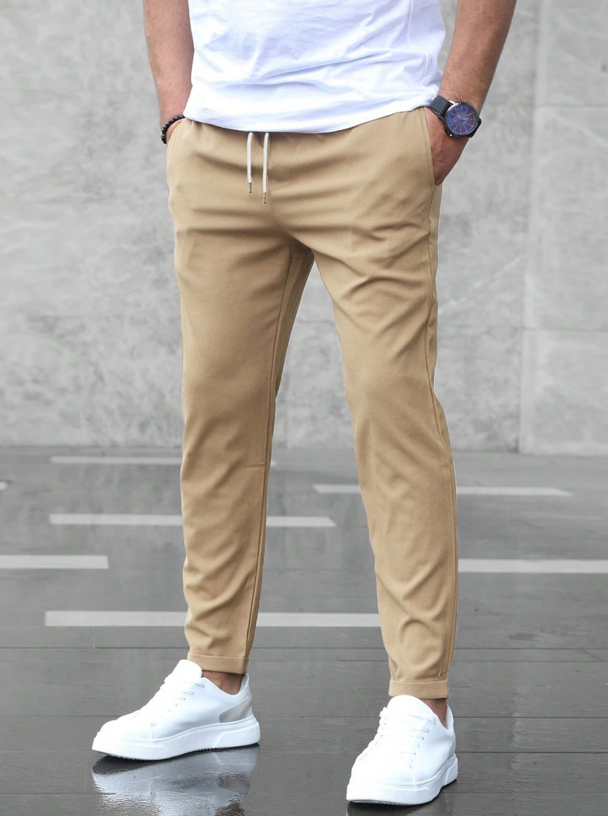 Men's Slim Fit Drawstring Trousers in Beige