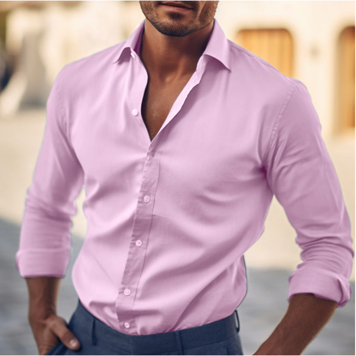 Men's Light Blue Long Sleeve Shirt in Pink