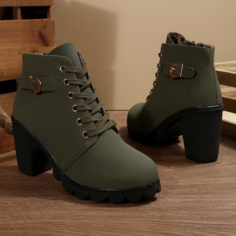 Women's Lace Up Buckle Chunky Heel Ankle Boots view 3