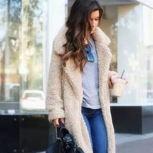 Women's Longline Lapel Collar Teddy Coat