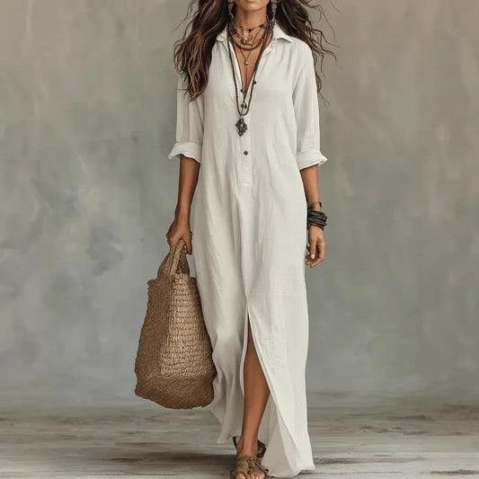Women's V Neck Three Quarter Sleeve Belted Side Split Shirt Dress in White