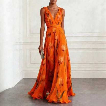 Women's Sky Blue V Neck Floral Wedding Guest Dress in Orange