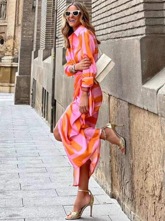 Women's Striped Tie Waist Wrap Shirt Dress