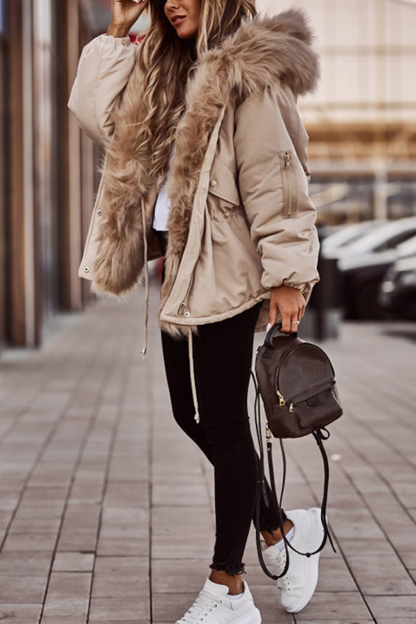 Women's Beige Hooded Casual Faux Fur Coat
