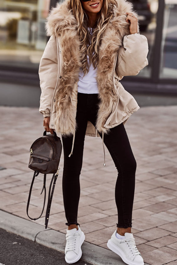 Women's Beige Hooded Casual Faux Fur Coat view 6