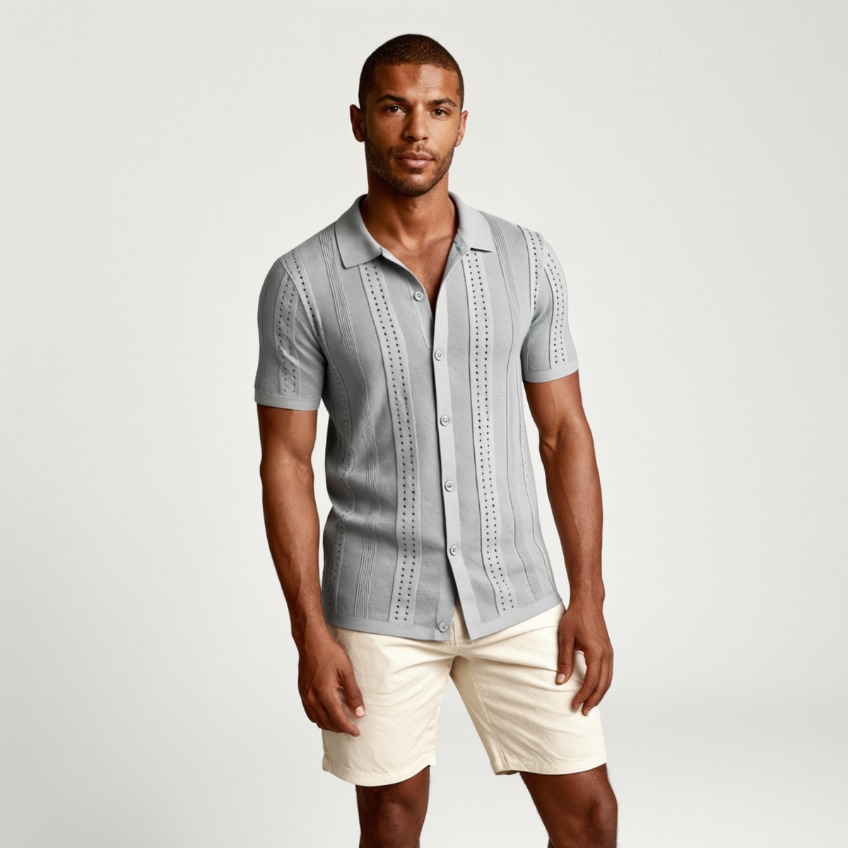 Men's Apricot Button Front Casual Shirt in Light Gray