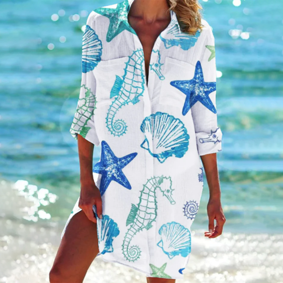 Women's Plus Size Relaxed Fit Shirt Dress in Blue Seahorse