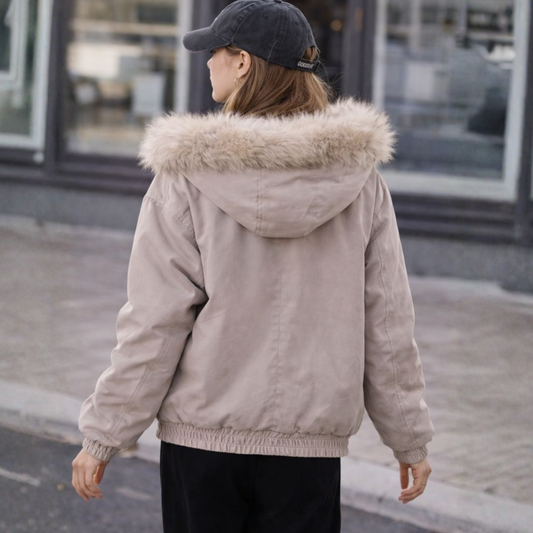 Women's Beige Hooded Faux Fur Coat view 2
