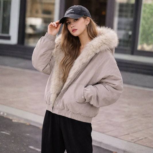 Women's Beige Hooded Faux Fur Coat