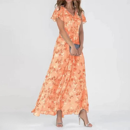 Women's V Neck Wedding Guest Dress in Orange