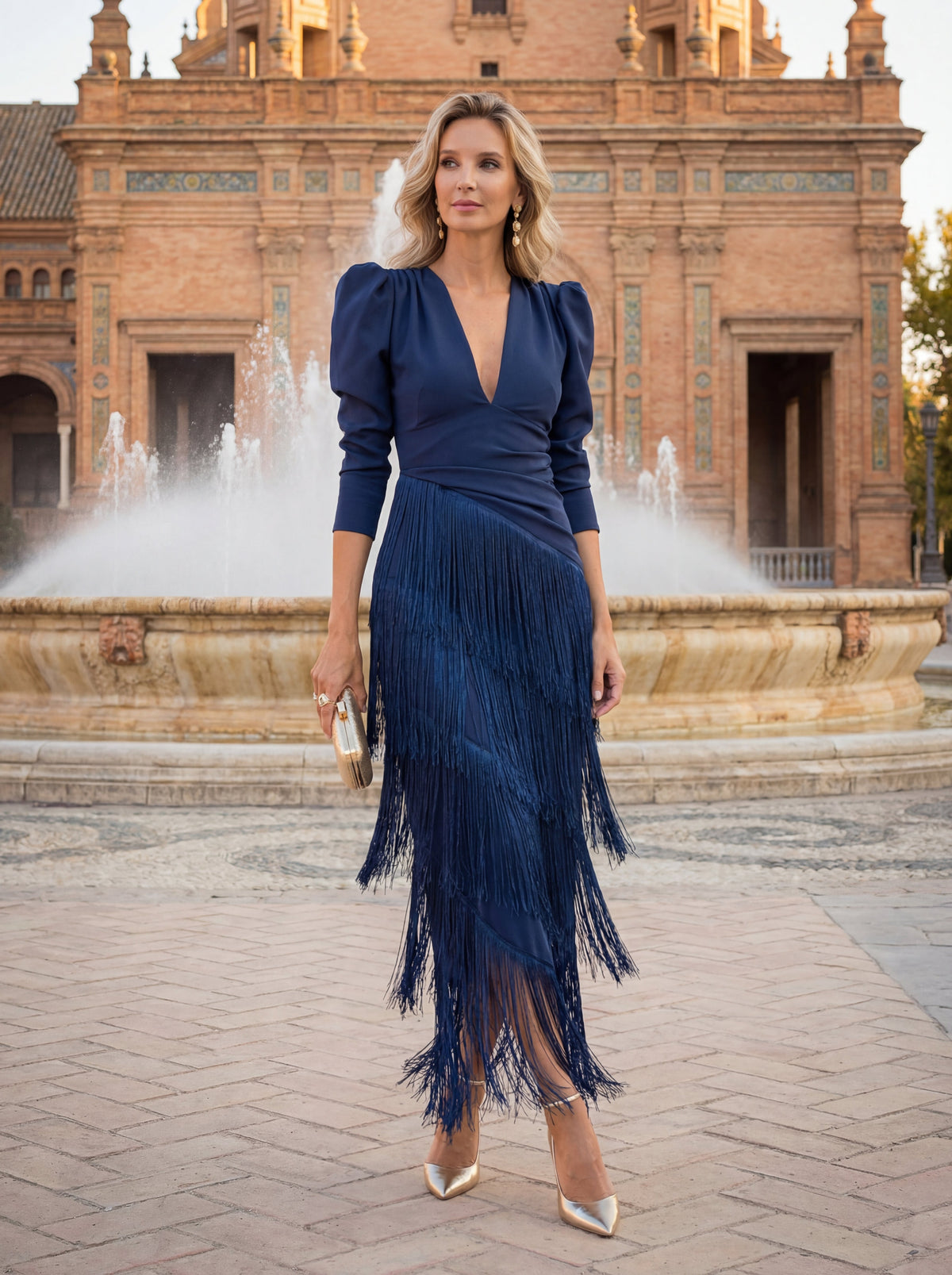 Women's Fringed V Neck Long Sleeve Maxi Dress view 10