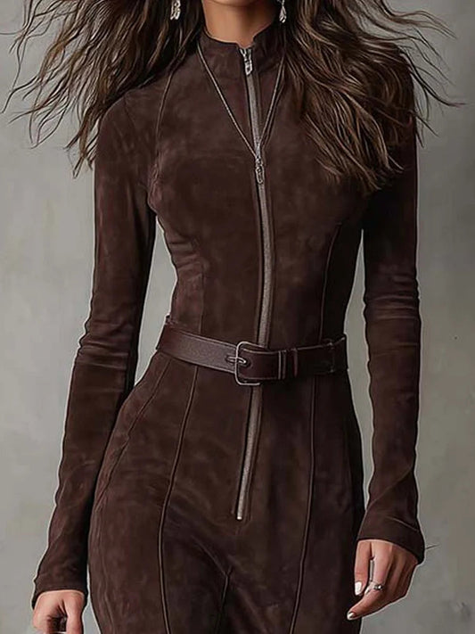 Women's Brown High Neck Zip Up Maxi Dress view 2