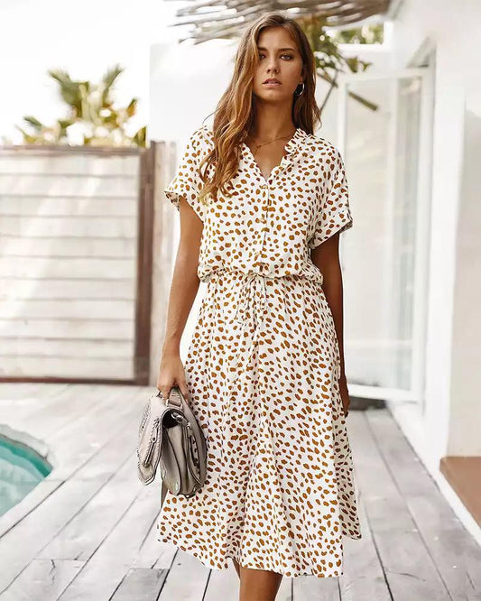 Women's Polka Dot Short Sleeve Tie Waist Midi Dress