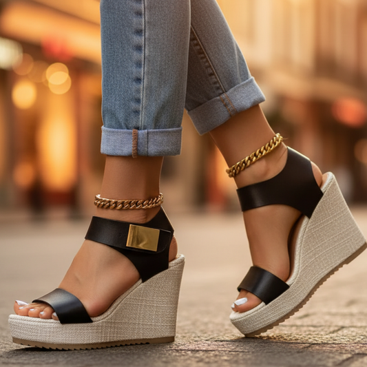 Women's Colour Block Wedge Heel Platform Sandals in Black