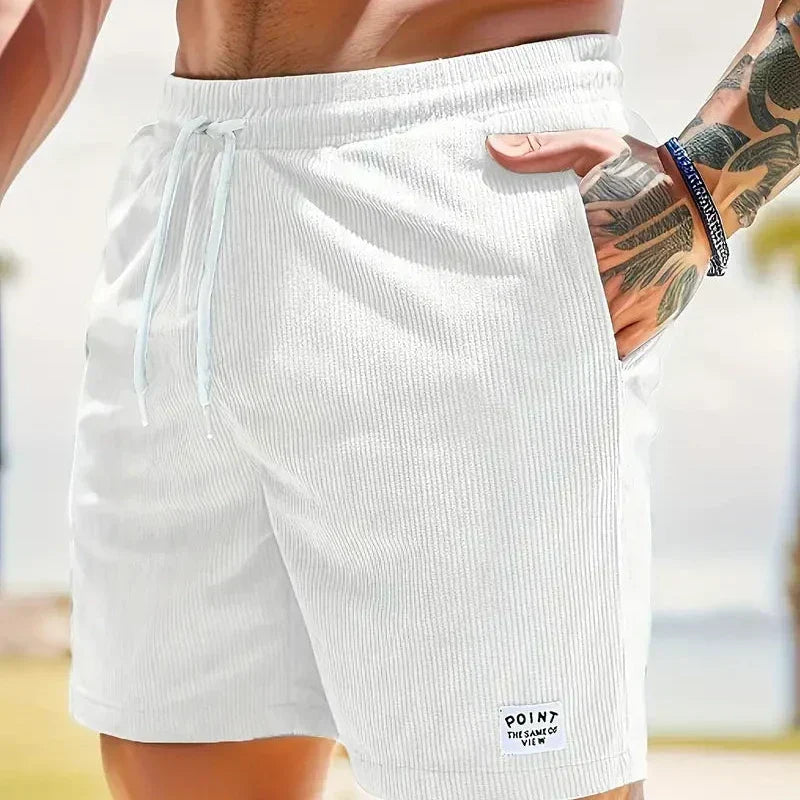 Men's Relaxed Fit Drawstring Textured Adjustable Shorts in White