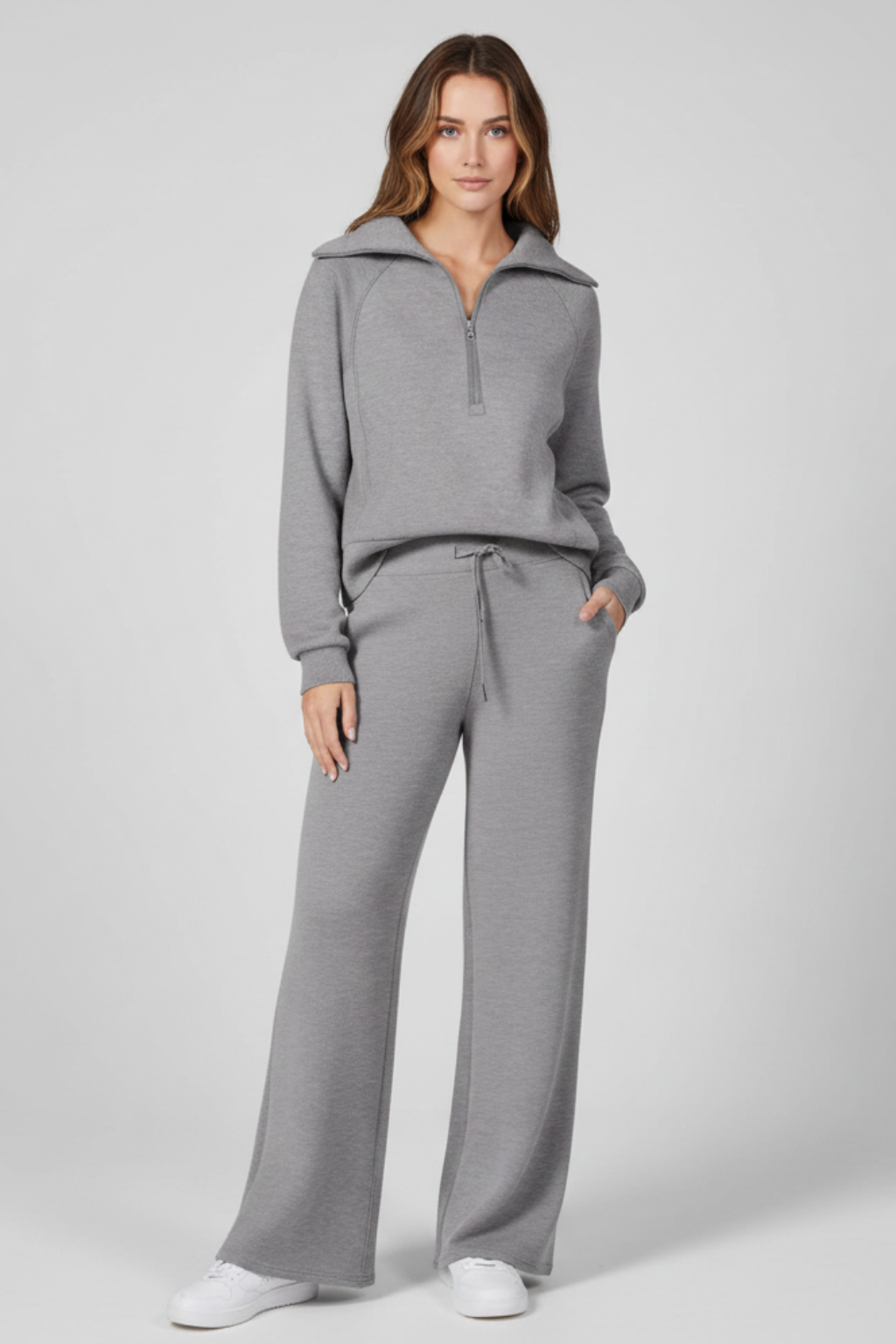 Women's Relaxed Fit Zip Up Lightweight Two Piece Set in Grey