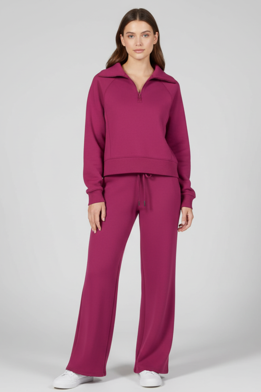 Women's Relaxed Fit Zip Up Lightweight Two Piece Set in Dark Pink