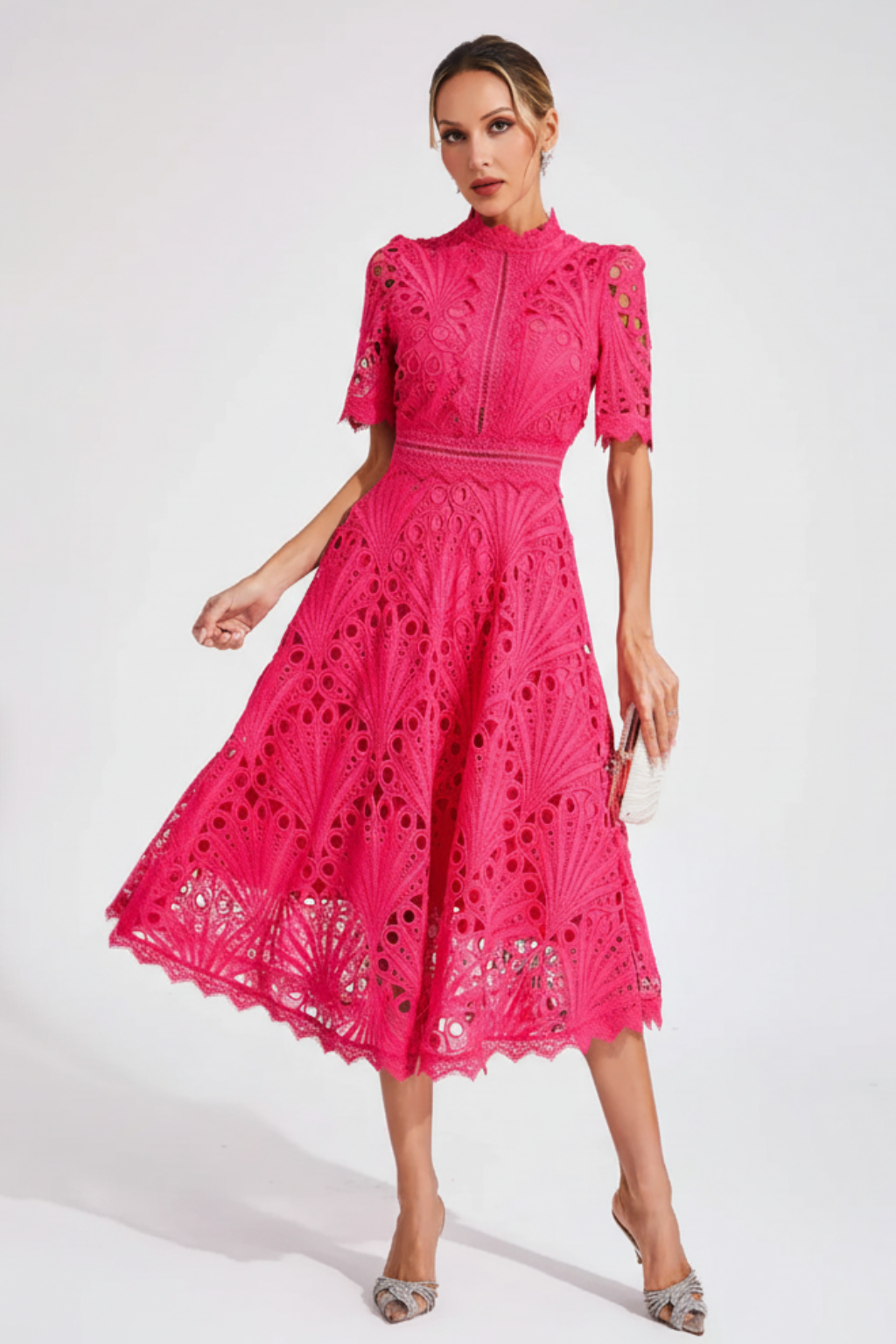 Women's High Neck Short Sleeve Bodycon Dress in Pink