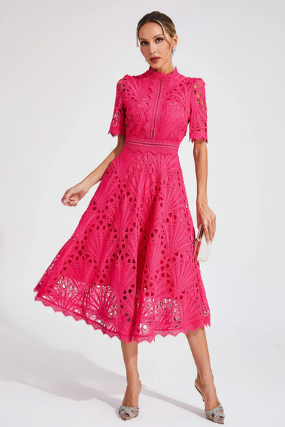 Women's High Neck Short Sleeve Bodycon Dress in Pink