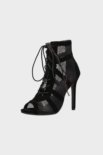 Women's Black Lace Up Peep Toe Heels in Black