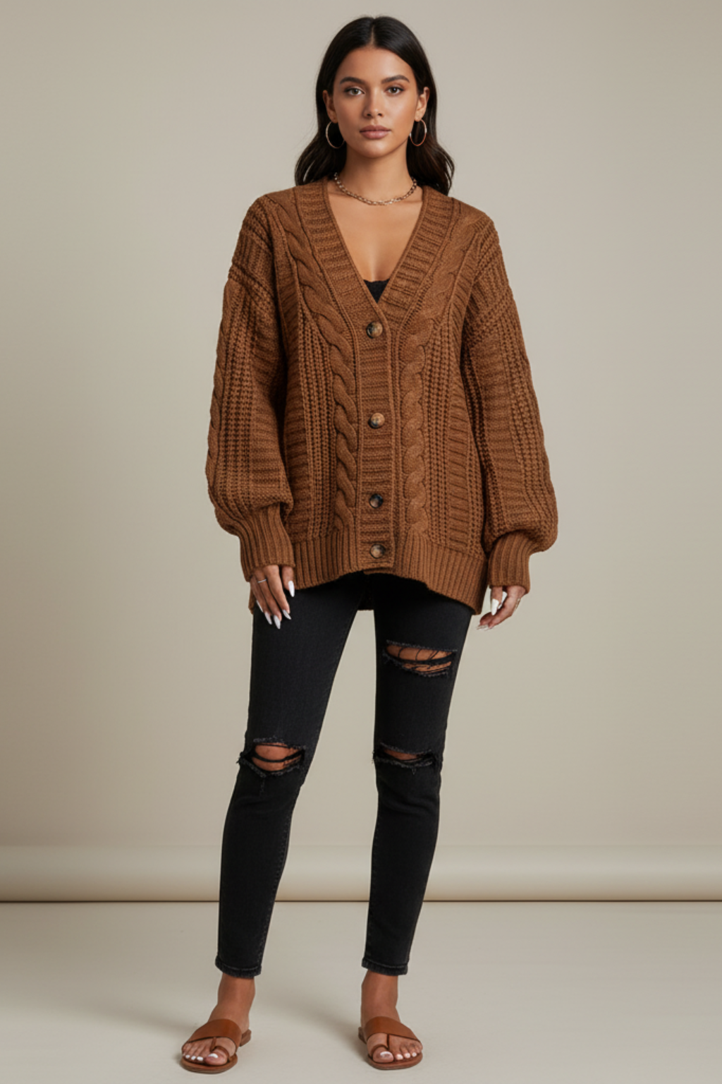 Women's Brown Oversized Cable Knit Cardigan