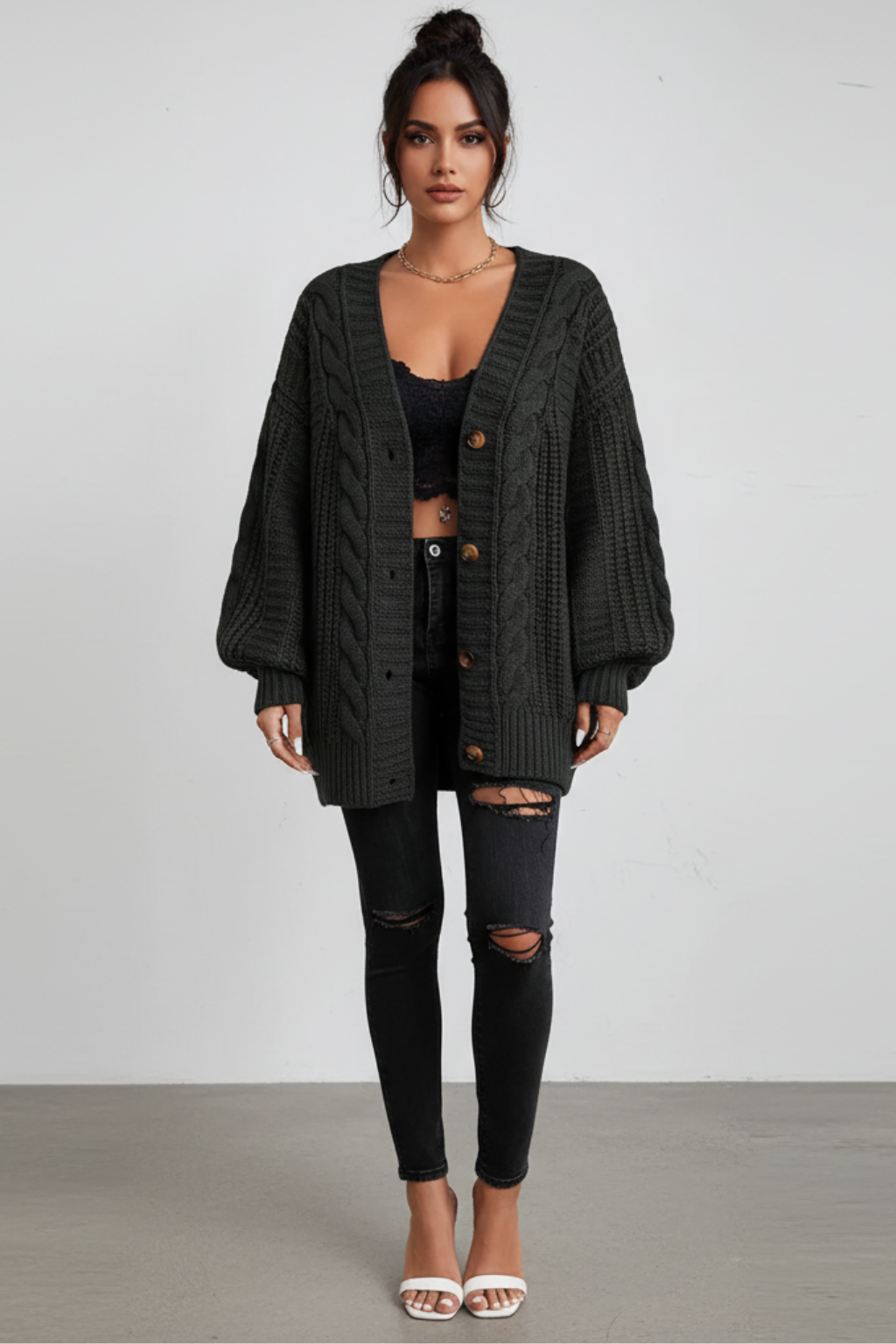 Women's Brown Oversized Cable Knit Cardigan